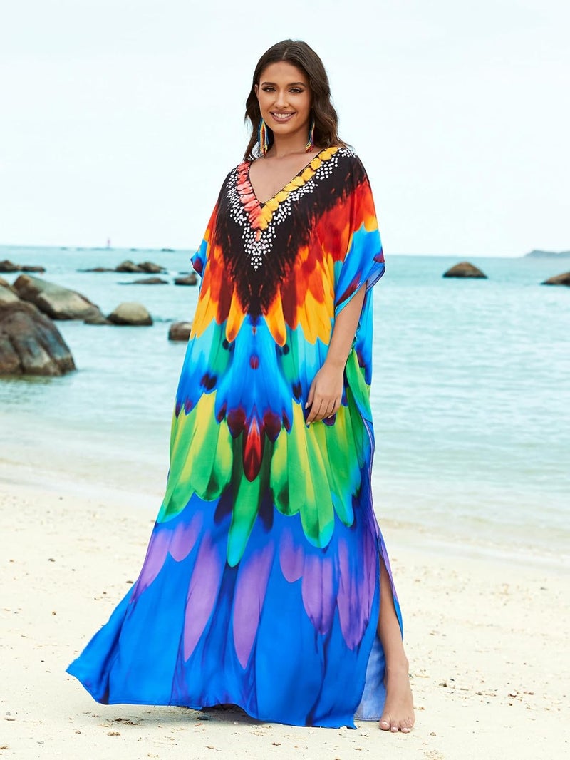 IMAGEKOPE Women's Plus Size Loose Fit Moroccan Print V-Neck Batwing Kaftan Beach Dress Bathing Suit Cover Up - Image 5